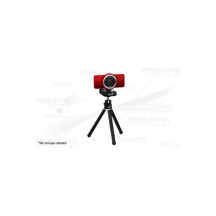 Trípode Genius de 25.1 cm para webcam, color negro y plata, ideal para video y streaming.