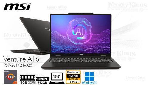 LAPTOP Ryzen AI 7 350 MSI Venture A16 AI+ A3HMG 16|512|15.6" graficos AMD Radeon, W11HOME