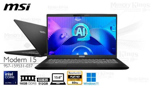 LAPTOP Core Ultra 7 255H MSI Modern 15 H C2HMG 16|512|15.6" graficos Intel Arc, W11HOME