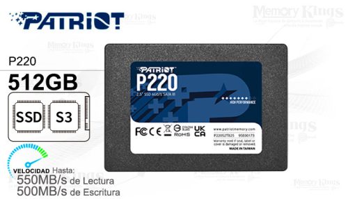 Unidad en estado solido Patriot P220, 512GB, SATA III 6.0 Gb/s, 2.5", 7mm