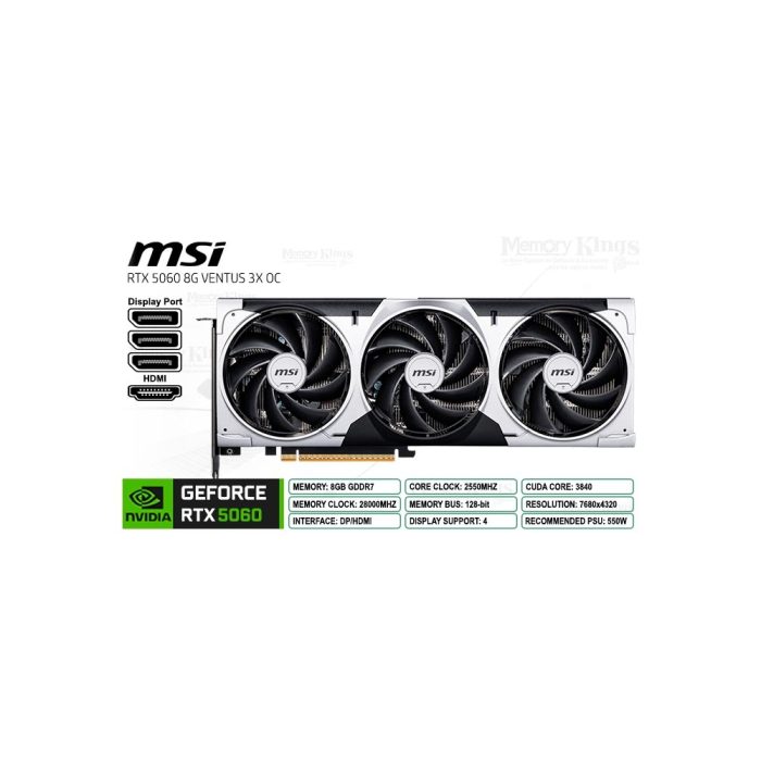 Tarjeta gráfica MSI GeForce RTX 5060 VENTUS 3X OC, 8GB GDDR7, PCIe Gen 5.0, rendimiento excepcional