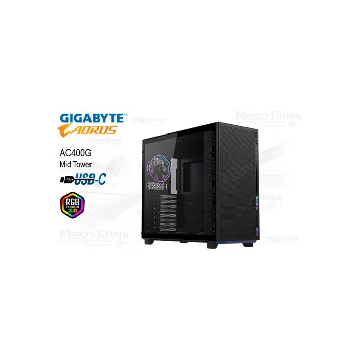 Caja Mid Tower GIGABYTE AORUS AC400G con vidrio templado y RGB, diseño elegante y ventilación óptima