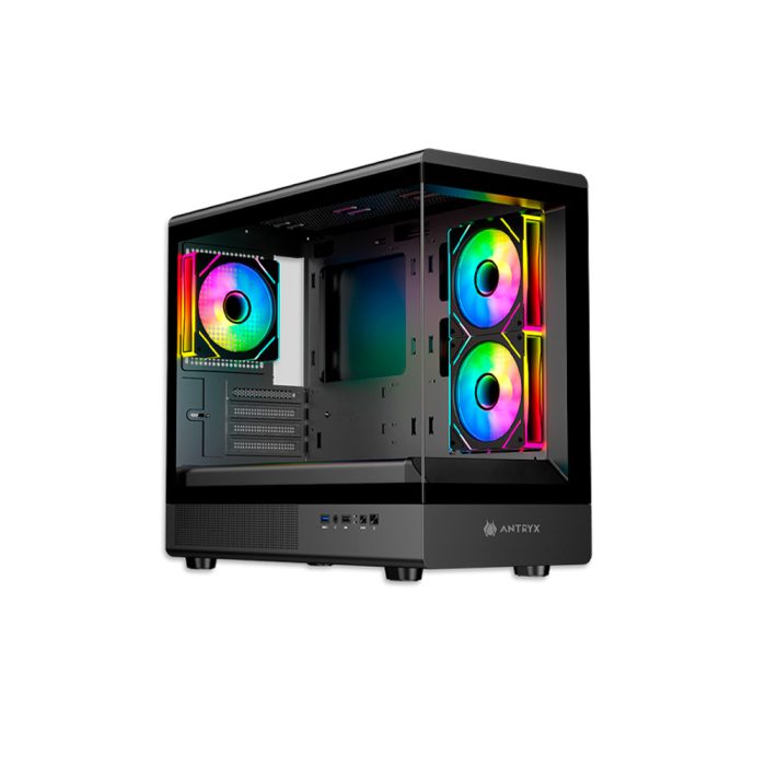 Caja mini torre ANTRYX FX-630M ARGB con 3 ventiladores RGB, diseño compacto en color negro