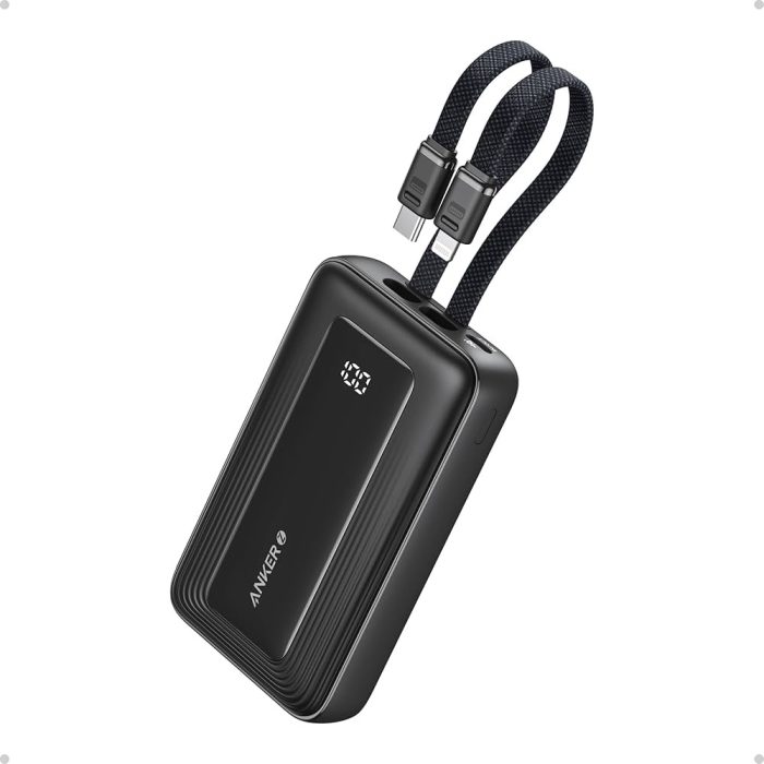 Power Bank Anker 10000 mAh USB-C y Lightning, carga rápida 30W, cables integrados, compacto y portátil