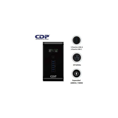 UPS CDP R-SMART 1010I 1000VA / 500W AUTONOMÍA 30MIN 10 SALIDAS/5 PORT USB-A/1 PORT USB-C BLACK (R-SMART1010I)