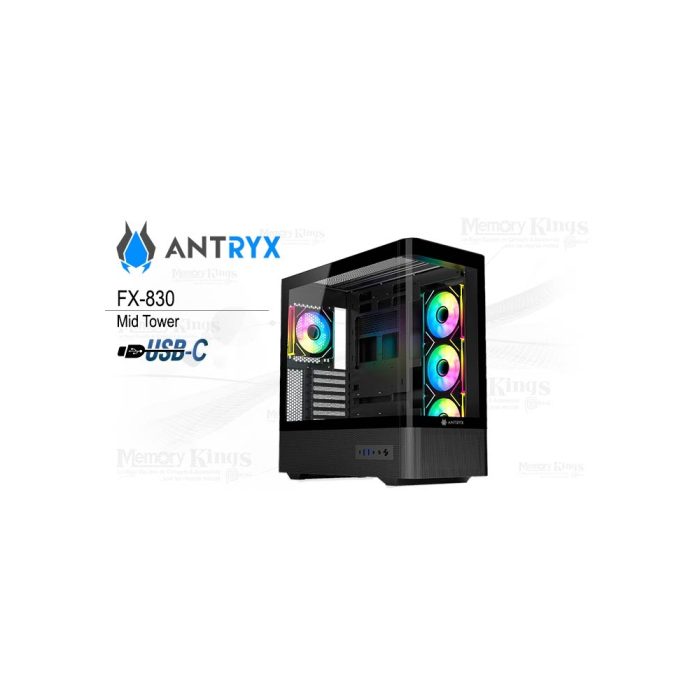 Case Mid Tower Antryx FX-830 ARGB negro con 4 ventiladores RGB, ideal para gaming y alto rendimiento