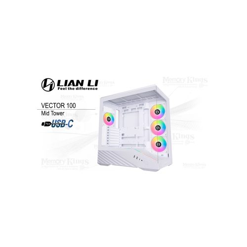 Caja Mid Tower Lian Li Vector 100 con 4 ventiladores ARGB, color blanco, diseño elegante y espacioso