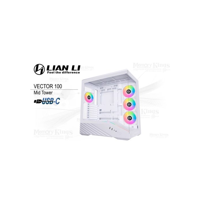Caja Mid Tower Lian Li Vector 100 con 4 ventiladores ARGB, color blanco, diseño elegante y espacioso