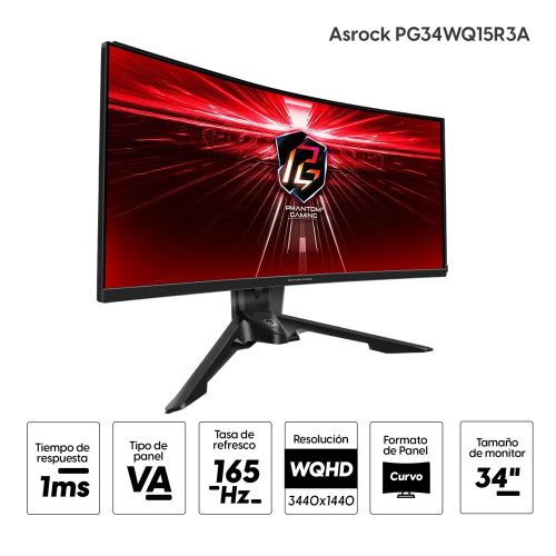 Monitor Curvo Gamer ASRock 34" WQHD 180Hz - HDR400, 1ms, AMD FreeSync, UltraWide, Ideal para Gaming