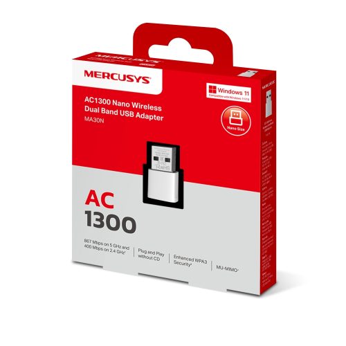 Adaptador WiFi TP-Link Mercusys MA30N AC1300, compacto, alta velocidad y fácil conexión