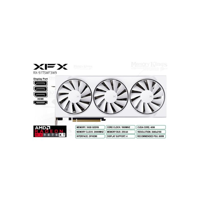 Placa de video XFX Radeon RX 9070 XT 16GB, 256-bit, alto rendimiento, diseño blanco
