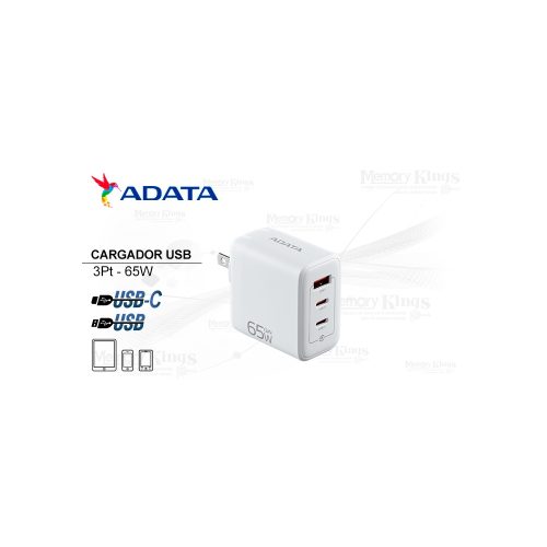 Cargador USB de pared ADATA 65W, compacto y potente, ideal para carga rápida en blanco