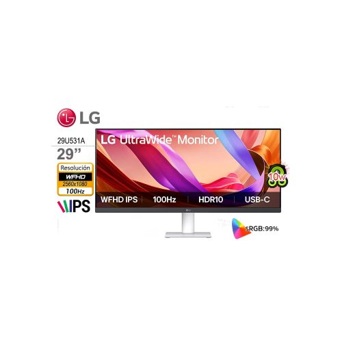Monitor LG 29" UltraWide IPS WFHD 100Hz blanco con parlante integrado - Ideal para multitareas