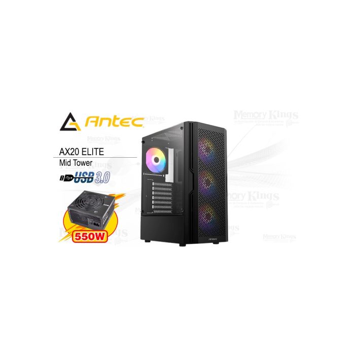 Caja Mid Tower Antec AX20 Elite RGB con 4 ventiladores y fuente de 550W - Estilo y rendimiento.