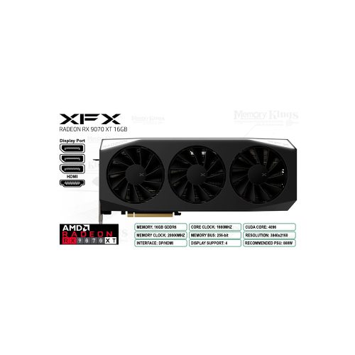 Tarjeta gráfica XFX Radeon RX 9070 XT, 16GB GDDR6, 256 bit, alto rendimiento, ideal para gamers