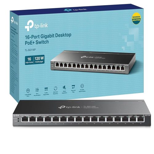 Switch TP-Link TL-SG116P 16 puertos Gigabit con PoE, ideal para oficina y conectividad eficiente