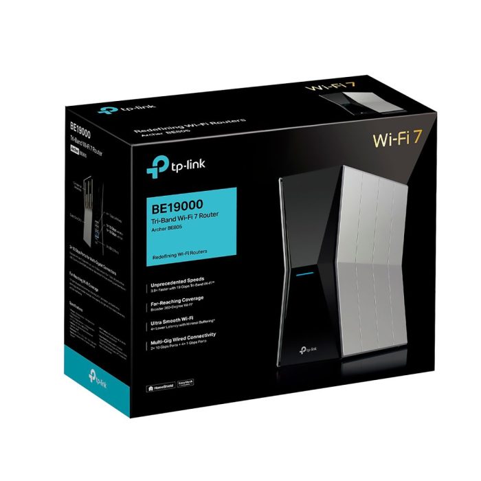 Router TP-Link Archer BE805 con WiFi 6, alta velocidad y conectividad avanzada, ideal para hogares grandes