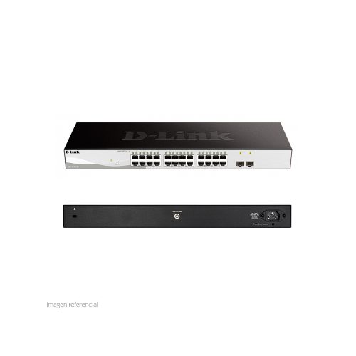 Switch D-Link DGS-1210-26 de 24 puertos GbE, administración capa 2, alto rendimiento y fiabilidad.