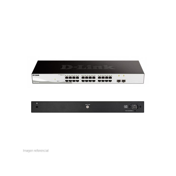 Switch D-Link DGS-1210-26 de 24 puertos GbE, administración capa 2, alto rendimiento y fiabilidad.