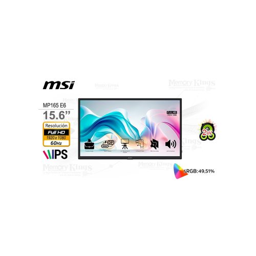 Monitor Portátil MSI PRO MP165 E6 de 15.6'' FHD IPS - Ligero, Ideal para Trabajo y Entretenimiento