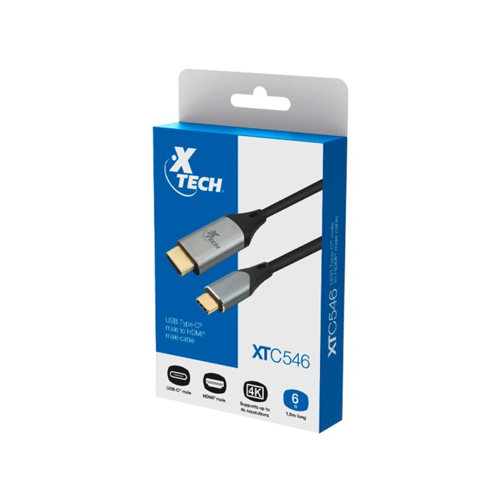 Cable USB Type C a HDMI Xtech 1.8m en negro y plata - Conexión C macho a HDMI macho, ideal para streaming