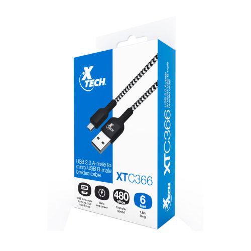 Cable USB Xtech 1.8 m trenzado, tipo A a micro-USB 5 pin, elegante negro y blanco, alta durabilidad.