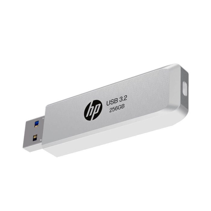 Memoria USB 256GB HP 819W, diseño metálico en color plata, alta velocidad y gran capacidad.