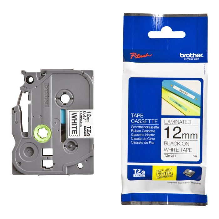 Cinta Brother TZEFX231 12mm x 8m negra sobre blanco - Etiquetas industriales de alta calidad