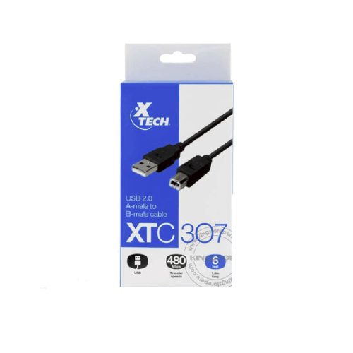 Cable USB Xtech de 1.8 m 4 pines A-Male a B-Male, alta velocidad 2.0, ideal para impresoras y dispositivos.
