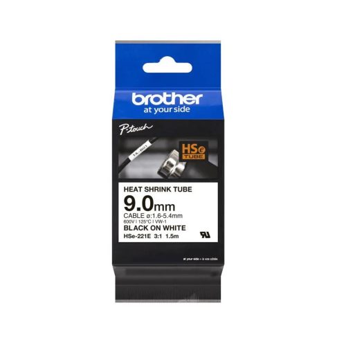 Cinta Termorretráctil Brother HSe-221E 9mm x 1.5m Negro sobre Blanco, Ideal para Cableado Organizado