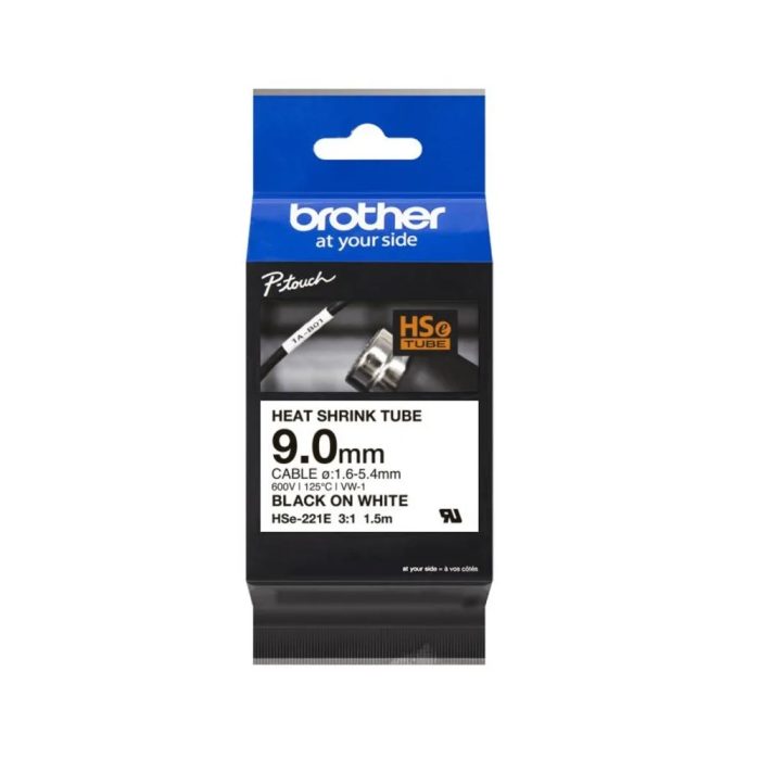 Cinta Termorretráctil Brother HSe-221E 9mm x 1.5m Negro sobre Blanco, Ideal para Cableado Organizado
