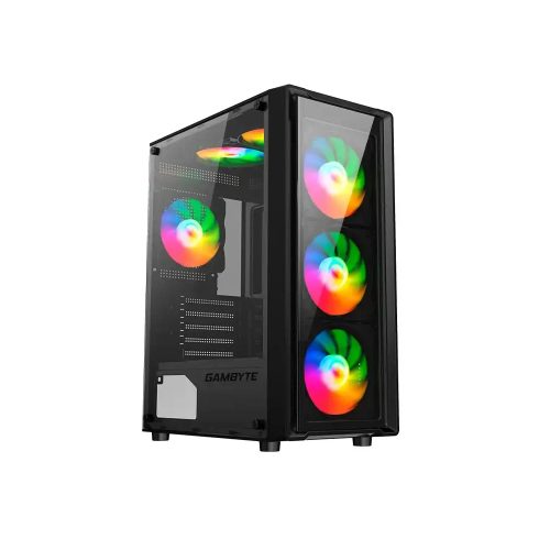 Case Gambyte Shield sin Fuente - Paneles de Vidrio, 5 Ventiladores, LED Rainbow, RGB, ATX Negro