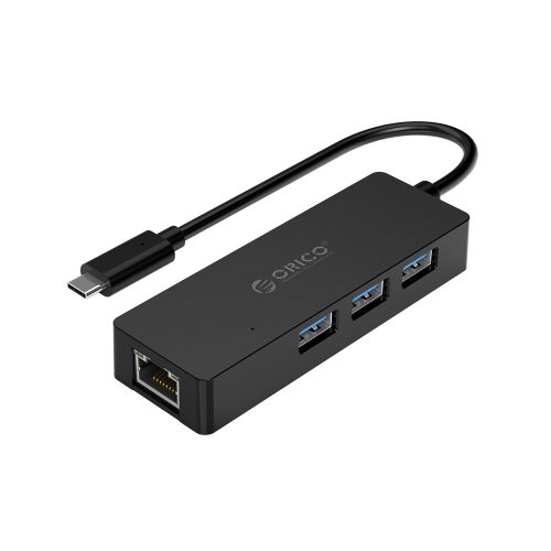 Adaptador Orico CLH-3AR-BK USB Tipo C a 3 Puertos USB 3.0 y Ethernet RJ45, Negro - Conectividad Rápida